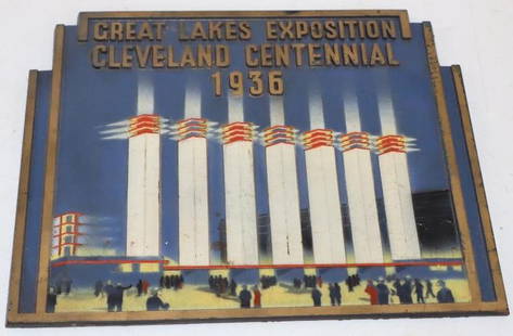 1936 Great Lakes Exposition Cleveland Centennial Embossed Bakelite Advertising Sign: 10.5" x 8.5"