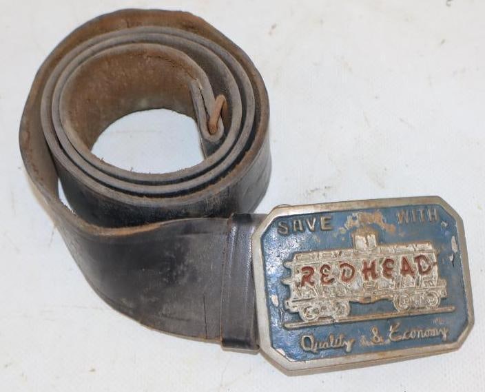 Red Head Gasoline Embossed Belt Buckle with Original Belt: 3.5" x 3.5" x 2" (belt is rolled up)