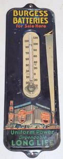 Graphic Burgess Batteries For Sale Here Advertising Thermometer: 13.5" x 4.5"