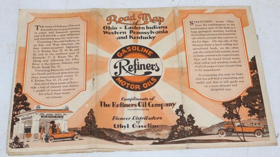 Refiner's Gasoline and Motor Oil 3 Panel Advertising Gas Station Map (1 of 2)