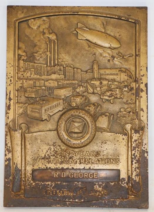 Brass Embossed Goodyear Tire Ten Years of Friendly Relations Achievement Plaque (1 of 2)