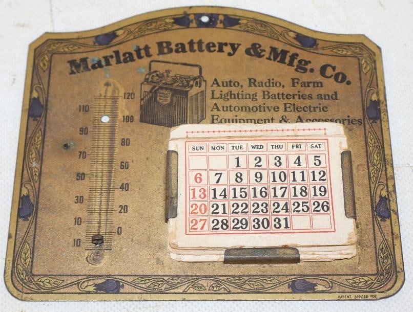 Early Marlatt Battery Advertising Calander, and Thermometer: Missing therm. 6" x 5"