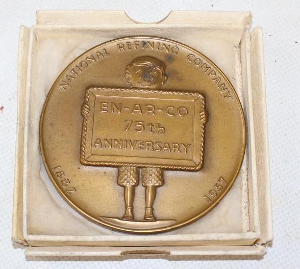 1957 En-Ar-Co 75 Year Anniversary National Refining Company Bronze Paperweight in Original Box: 3.25" x 3.25" x .5"