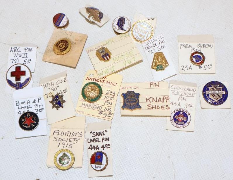 Group of 17 Advertising Pinback Badges & Lapel Pins: Largest is .75" x 1"