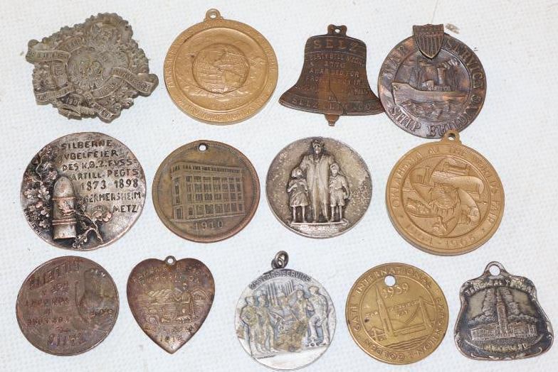 Group of 13 Brass, Copper, & Silver Advertising Tokens, Pinback Badges, & Charms: Largest is 1.75" x 1.75"