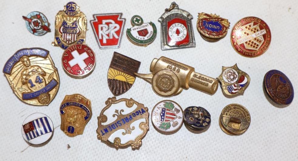 Group of 18 Cloisonne Advertising Pinback Badges, Lapel Pins, & Charm (1 of 5)