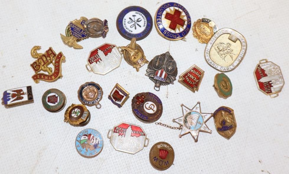 Group of 23 Cloisonne Advertising Lapel Pins, Charms, & Pinback Badges: Largest is .75" x 1"