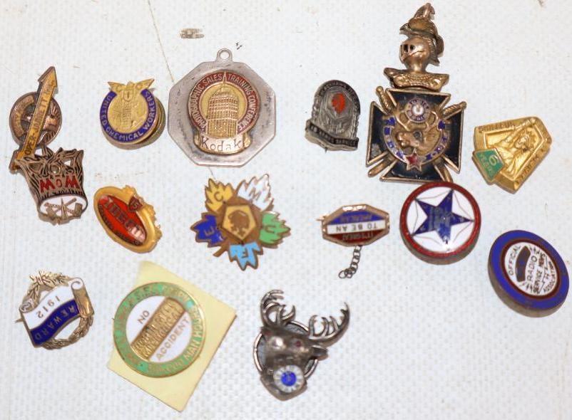 Group of 15 Cloisonne Advertising Pinback Badges, Lapel Pins, & Tie Tac (1 of 4)