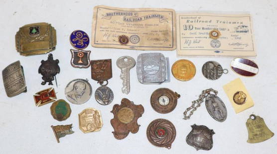 Group of 26 Early Advertising Pins, Charms, & Belt Buckles: Largest is 2" x 1.5"
