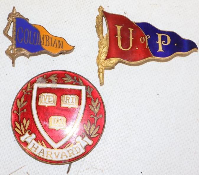 Group of 3 Cloisonne Columbian, Harvard, & U of P Advertising Pinback Badges: Largest is 2"x 2", Harvard & U of P are missing pinbacks