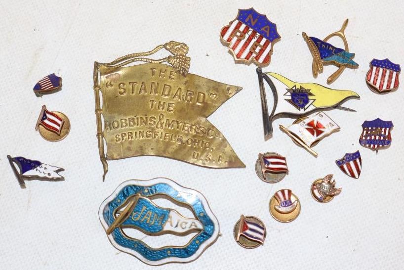 Group of 16 Flag & Shield Shaped Pinback Badges & Lapel Pins (1 of 4)