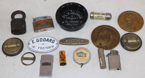 Group of 16 Advertising Lighters, Paperweights, Pocket Knife, Lock, & Name Emblem: Largest is 3.5" x 3.5" x 1"