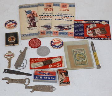 Group of 18 Advertising Bottle Openers, Pamphlets, Razor Blades, & Pencil: Largest is 6.5" x 3"