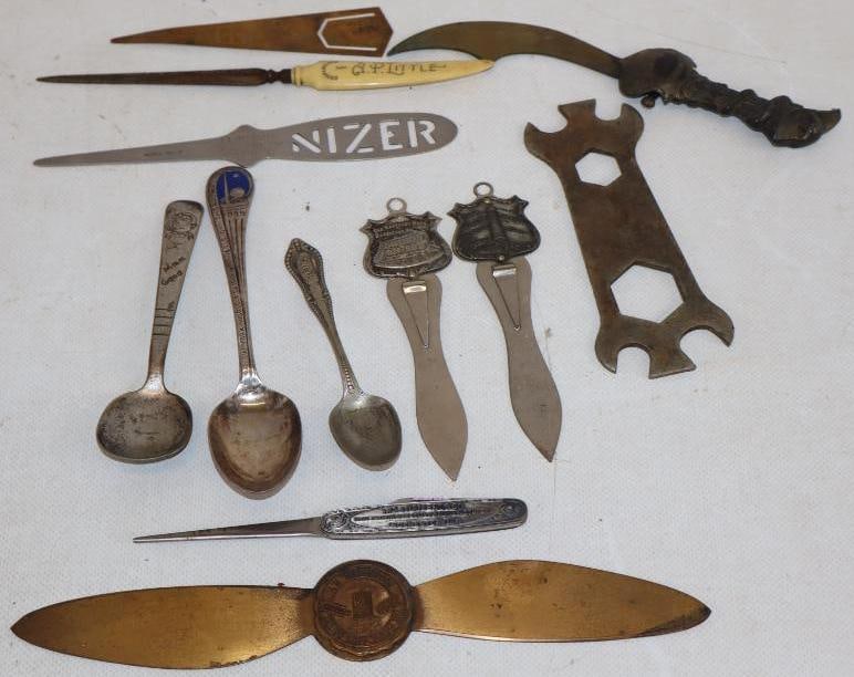 Group of 13 Advertising Spoons, Letter Openers, Page Marker, & Wrench: Largest is 9" x 1"