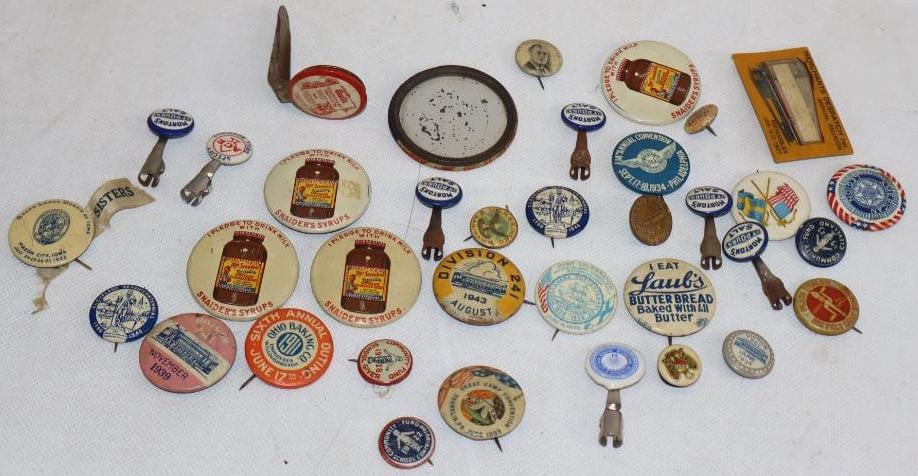 Group of 35 Advertising Pinback Badges, Pocket Mirror, & Pencil Toppers (1 of 4)