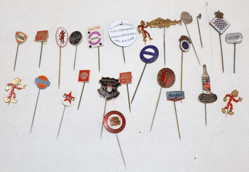 Group of 25 Different Advertising Stick Pins: Largest is .75" x 2.5"