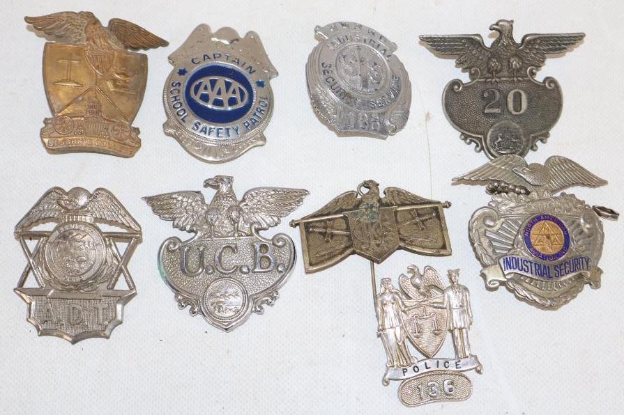 Group of 9 Police, Security & AAA Pinback & Hat Badges: Largest is 2.75" x 2.5"