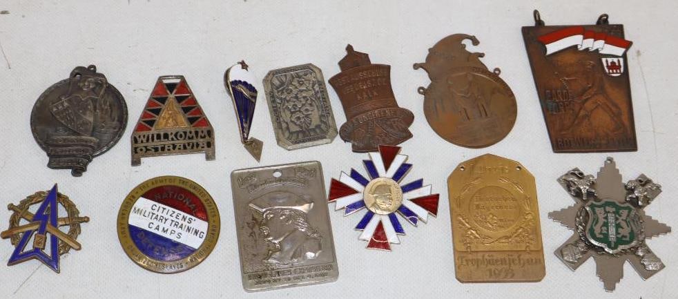 Group of 12 Advertising Charms, Paperweights, Pinback Badges, & Lapel Pins: Largest is 2.25" x 3.25"