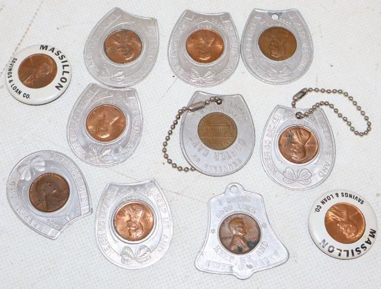 Group of 11 Lucky Penny Keychain & Pinback Badges from Reno, Nevada & Massillon, OH: Largest is 1.5" x 1.5"