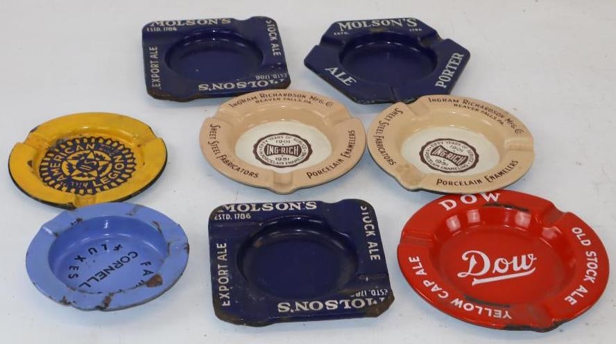 Group of 8 Porcelain Advertising Ash Trays: Largest is 6.75" x 6.75" x 1"
