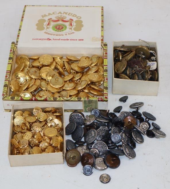 Group of 257 Brass Embossed and Metal Advertising Coat Buttons: Largest is 1" x 1"