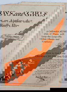 1940's Drink Chocolate Rush Creamy Chocolate Soda Airplane Advertising Cardboard Sign: Missing two corners. 14" x 20"