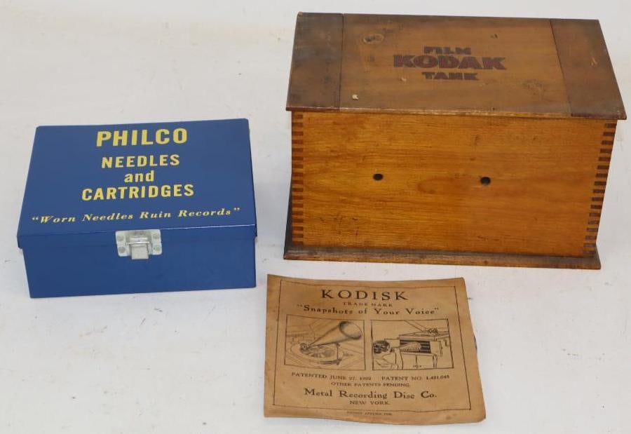 Group of 3 Kodak Film Tank, Kodisk Metal Recording Disc, and Philco Needles and Cartridges (1 of 4)