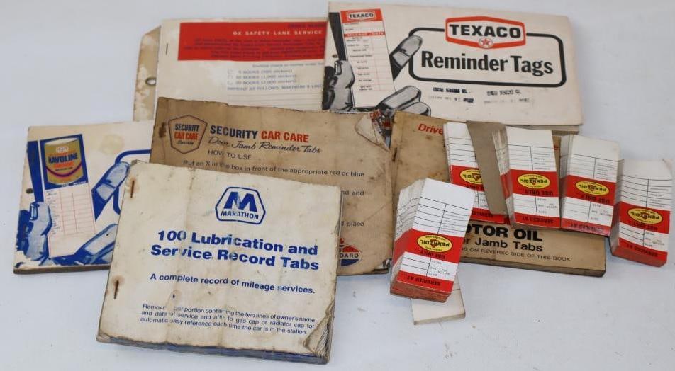 Large Group of Texaco, Pennzoil, Kendall, DX, Standard, and Marathon Unused Oil Change Reminder Tags: Largest booklet is 8.5" x 4.5"