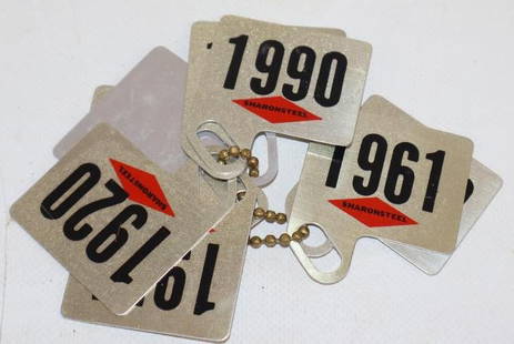 Group of 8 Sharon Steel Identification Tags: 2" x 2.25" each