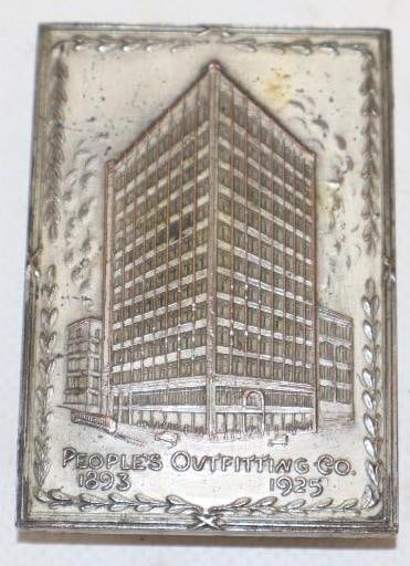 1925 People's Outfitting Company Embossed Advertising Paperweight: 2.75" x 2" x 0.25"