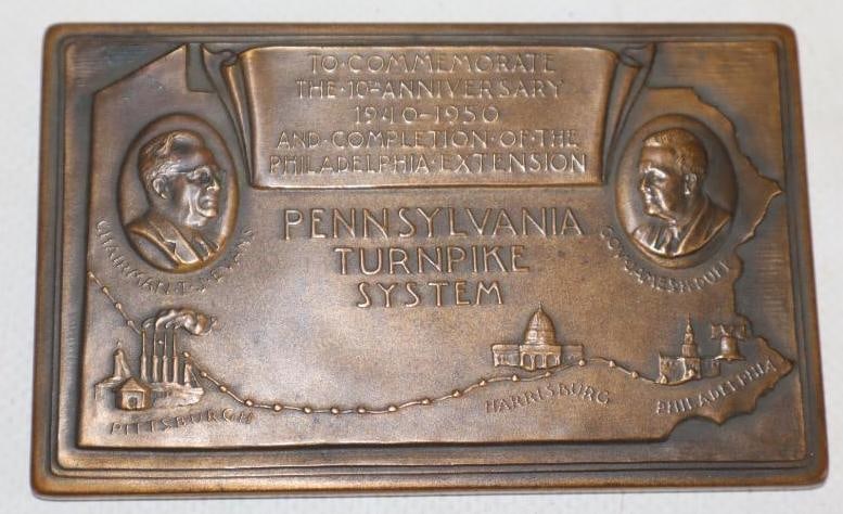 1950 Pennsylvania Turnpike Brass Embossed Advertising Paperweight: 4" x 2.5" x 0.25"