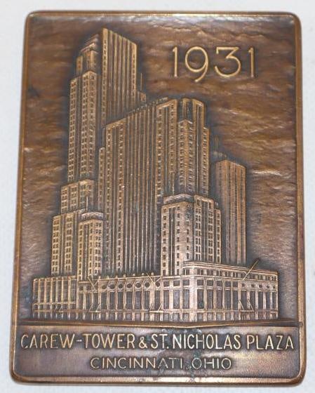 1931 Carew-Tower and St. Nicholas Plaza Brass Embossed Advertising Paperweight: 3" x 4" x 0.25"