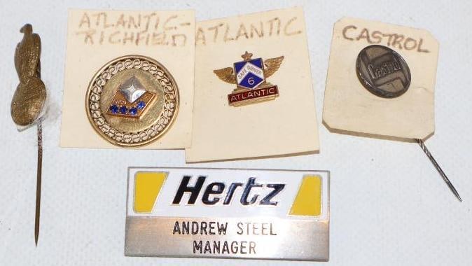 Group of 5 Atlantic Richfield, Castrol, Case, and Hertz Pin Back Badges and Stick Pins: Largest is 2" x 1"