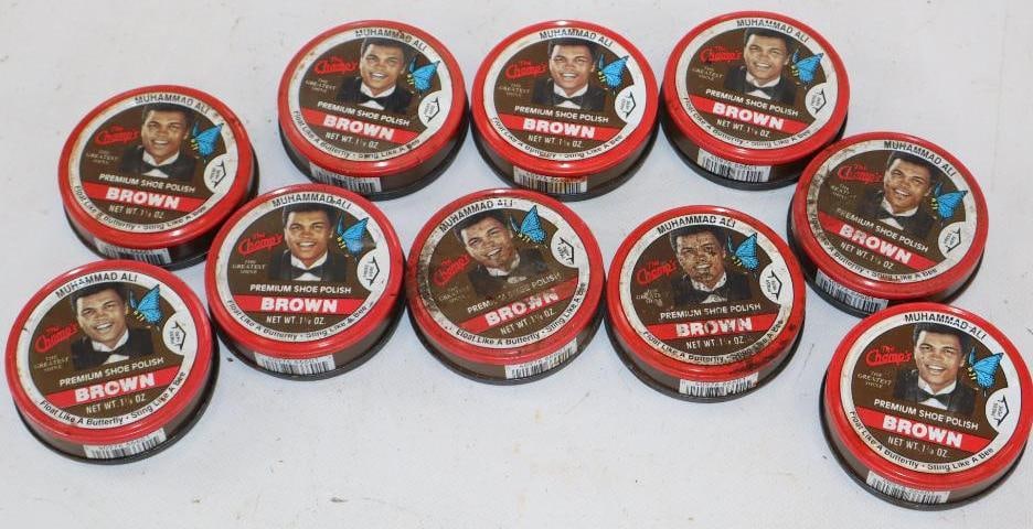 Group of 10 Muhammed Ali Brown Shoe Polish Containers: 2.75" x 2.75" x 0.75" each