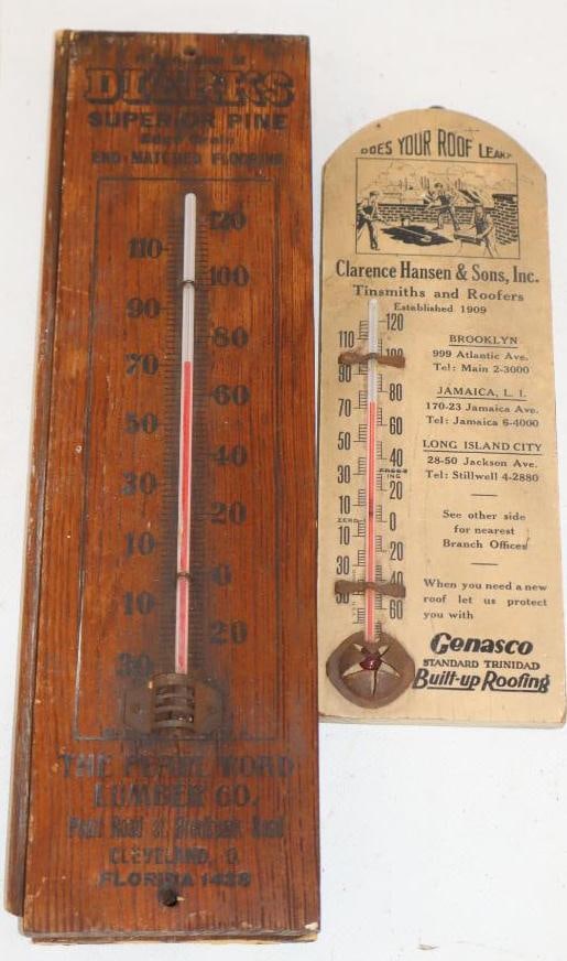 Group of 2 Dierks, and Clarence Hansen and Sons Advertising Wood Thermometers: Largest is 12"x 3.5" x 1"
