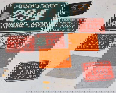 Group of 10 1979 Baltimore Franchise Tax Tags, Music Box, Vending Machine License, and Push Cart: Largest is 6" x 4"