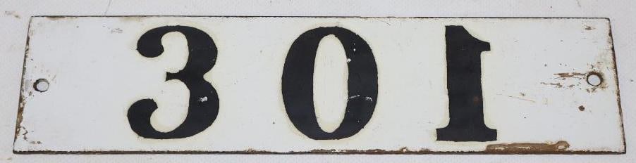 Double Sided Porcelain Sign with 301 and 1921 on Reverse: 10" x 2.5"