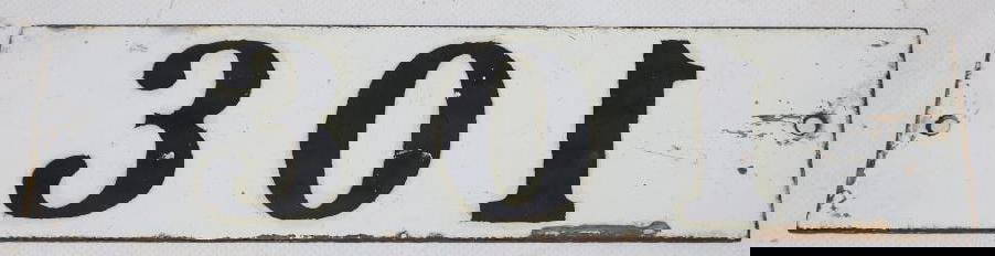 Double Sided Porcelain Sign with 301 and 1921 on Reverse: 10" x 2.5"