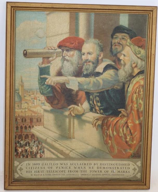 1930's Bausch & Lomb Framed Artwork of Galileo: 17" x 21" x 1"