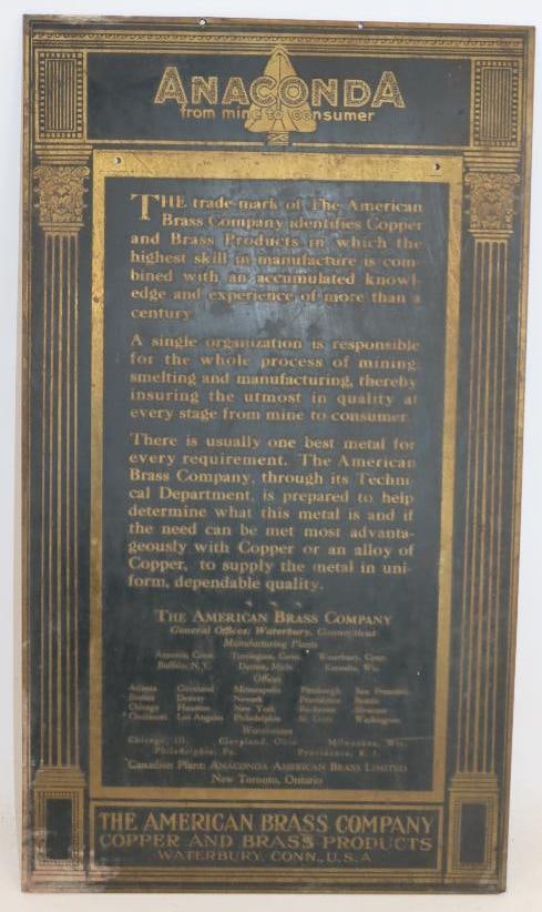 Brass Anaconda From Mine to Consumer Advertising Sign: 19" x 10.5"