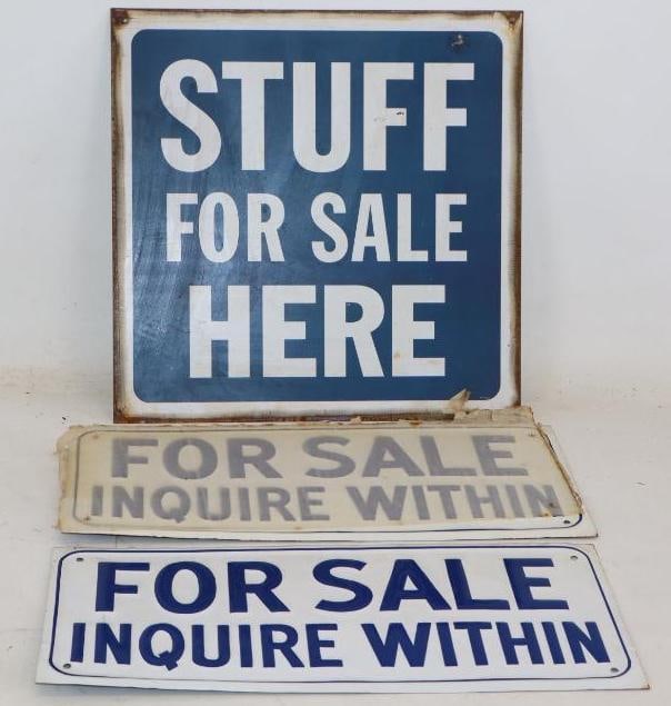 Group of 3 For Sale Inquire Within and Stuff For Sale Here Advertising Signs: Largest is 13" x 13"