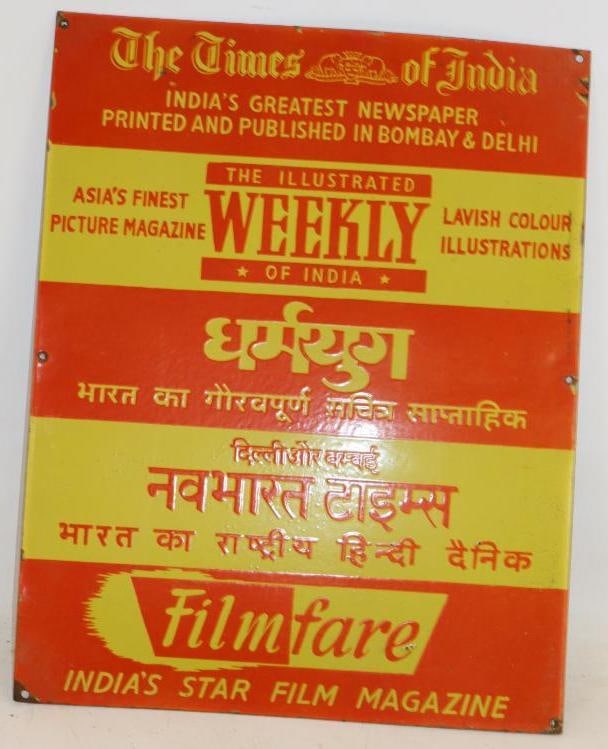 The Times of India Single Sided Porcelain Advertising Sign: 19" x 15"