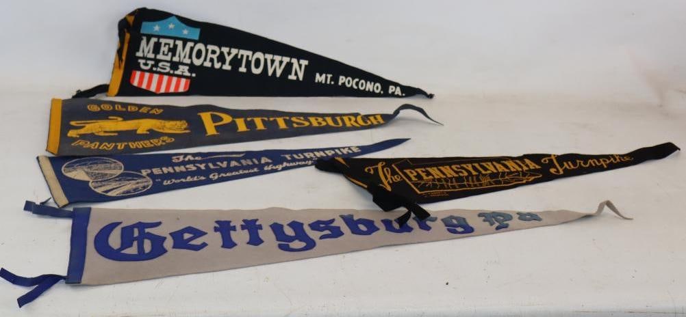 Group of 5 Gettysburg, Pocono, Pittsburgh, and Turnpike Advertising Felt Pennants: Largest is 33" x 9.5"