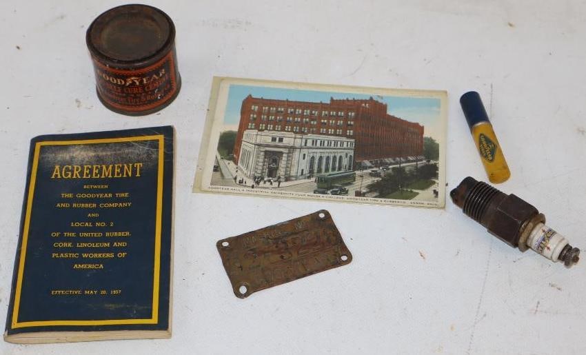 Group of 6 Goodyear Self Cure Cement, Spark Plug, Lighter, Postcard, Agreement Book, and Brass (1 of 2)