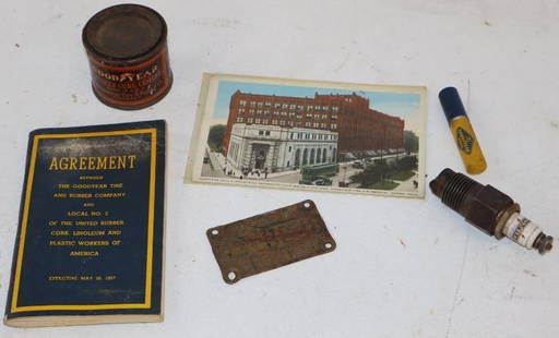 Group of 6 Goodyear Self Cure Cement, Spark Plug, Lighter, Postcard, Agreement Book, and Brass: Largest is 5.5" x 3.5"