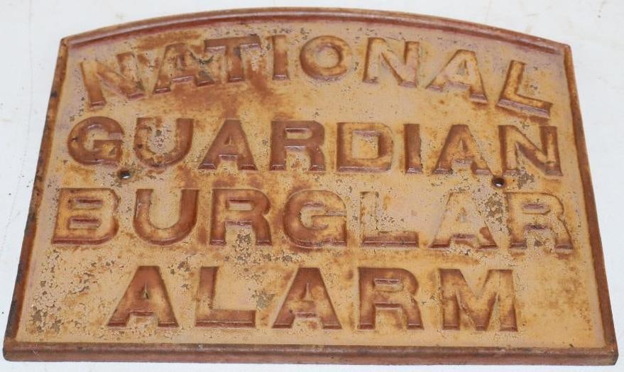 Cast Iron Embossed National Guardian Burglar Alarm Sign: 11.5" x 9" x 0.5"