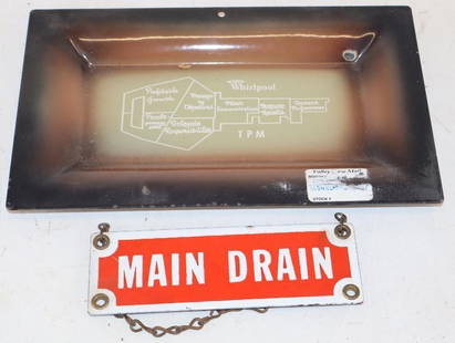 Group of 2 Whirlpool Porcelain Ashtray and Main Drain Sign: Largest is 10" x 6" x 1"