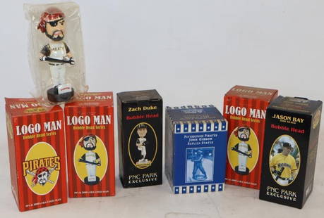 Group of 6 Pirates Baseball Giveaway Bobbleheads, and Replica Statue: Largest is 5" x 5" x 7"