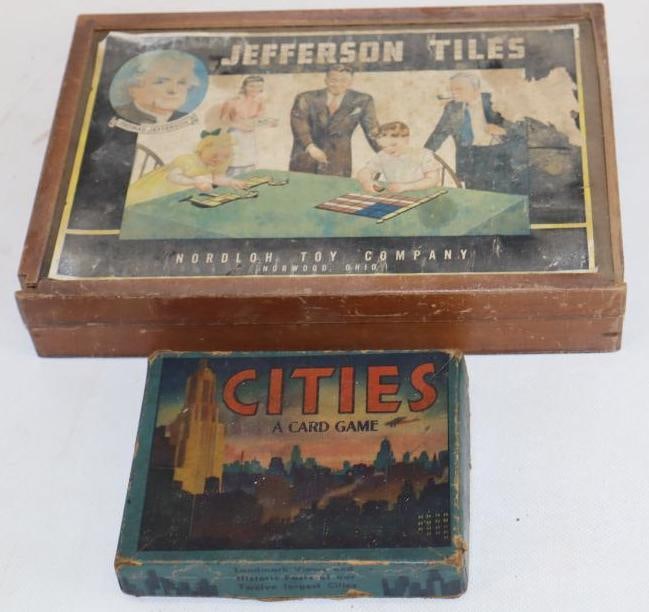 Group of 2 1930's Jefferson Tiles, and Cities Card Games: Largest is 7" x 10" x 2"