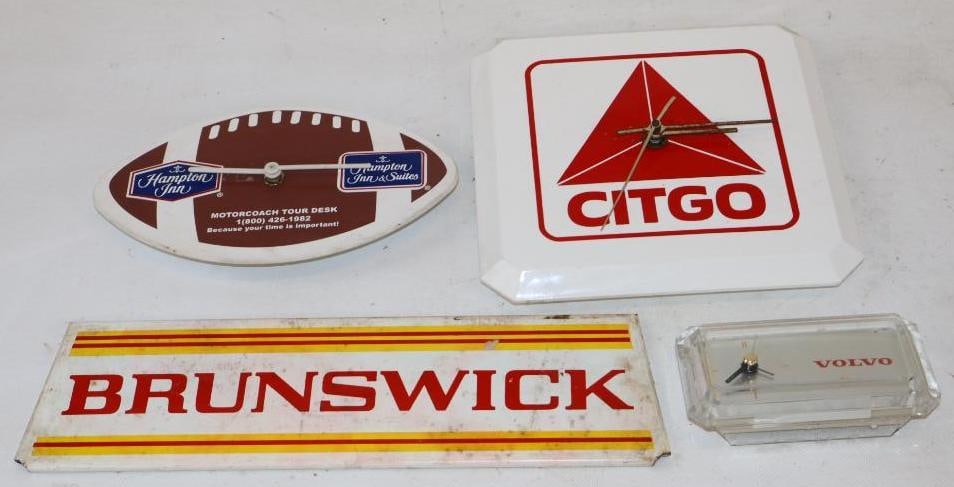 Group of 4 Volvo, Citgo, Brunswick, and Hampton Inn Advertising Clocks and Tire Stand (1 of 5)